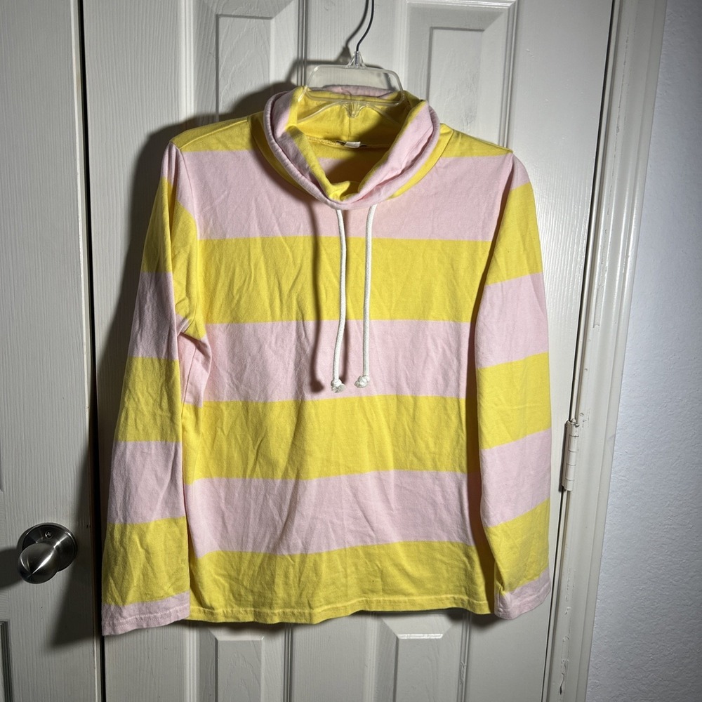 Women's J Crew Long Sleeve Shirt with Drawstring Neck Pink Yellow Striped Size S